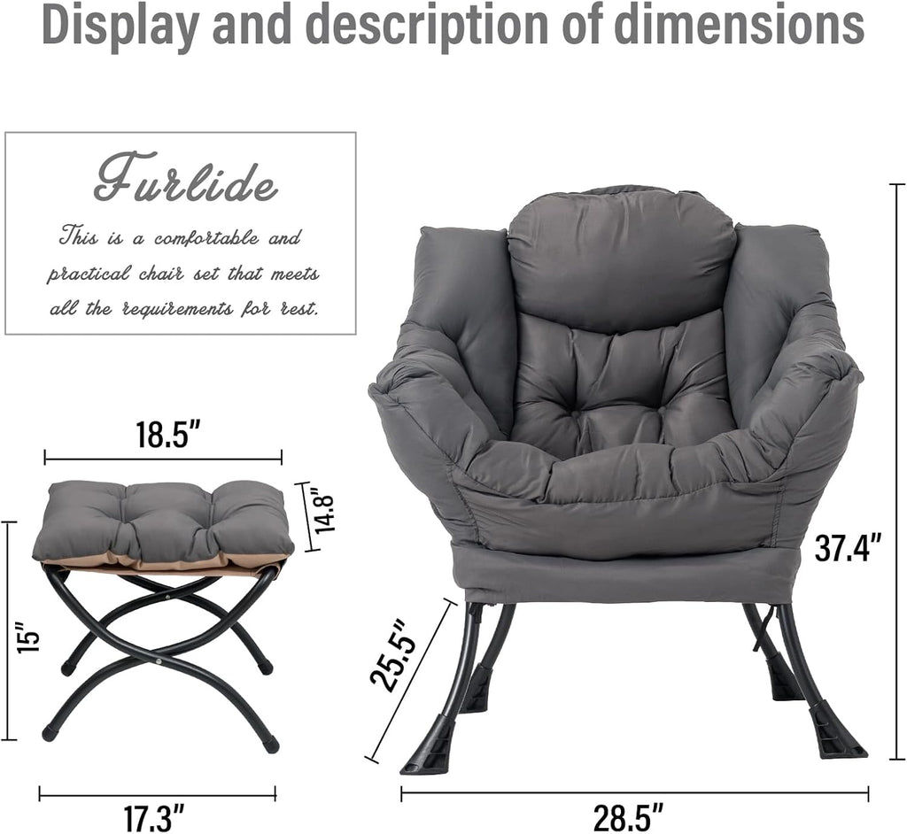 Lazy Chair with Ottoman, Modern Chair with Folding Footrest, Lounge Accent Chair, Comfortable Reading Chair, Oversized Armchairs for Bedroom, Study, Living Room, Courtyard (Dark Grey) - Grand Goldman