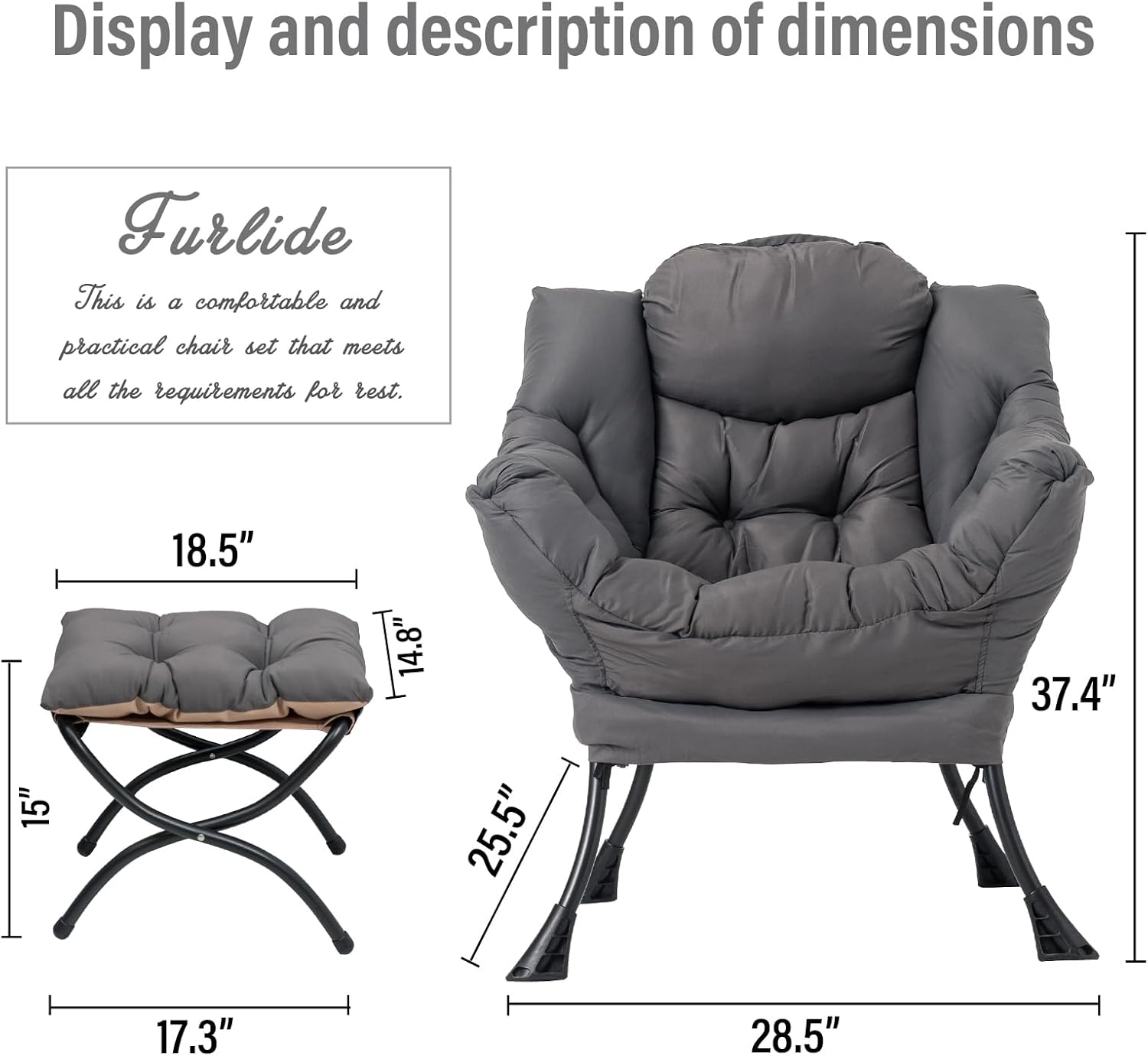 Lazy Chair with Ottoman, Modern Chair with Folding Footrest, Lounge Accent Chair, Comfortable Reading Chair, Oversized Armchairs for Bedroom, Study, Living Room, Courtyard (Dark Grey) - Grand Goldman