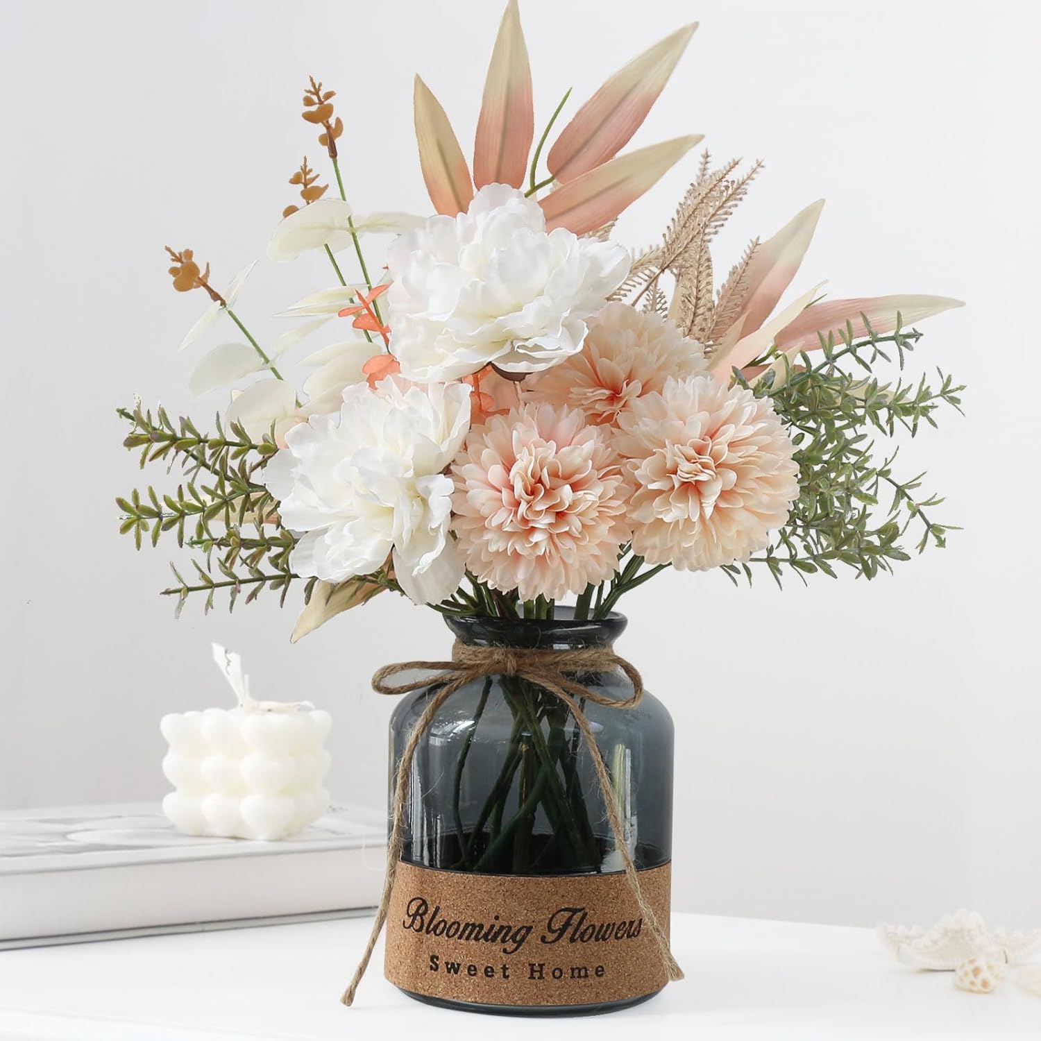 Leftover Faux Flowers in Vase,Artificial Flowers in Vase,Table Centerpieces for Dining Room,Flower Centerpieces for Tables,Fake Flowers with Vase,Kitchen Table Decor,Coffee Table Decor - Grand Goldman