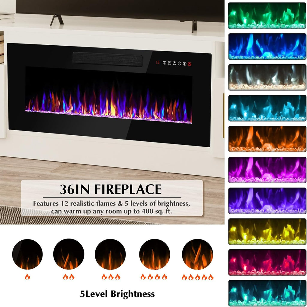 Lemberi Fireplace tv Stand with 36 inch Fireplace Up to 80" TVs,LED Light Entertainment Center and Storage, 70" Modern Wood Media TV Console with Highlight Cabinet for Living Room (White) - Grand Goldman