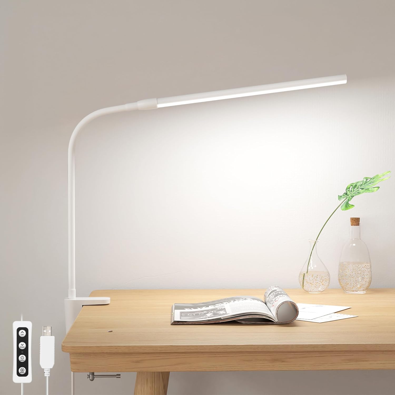 Lepro Small Desk Lamp with Clamp, LED Reading Lamp with 3 Color Modes 10 Brightness, Dimmable USB Clip on desk light with Gooseneck Swing Arm for Bed Headboard, Workbench, Home Office and Nail (White) - Grand Goldman