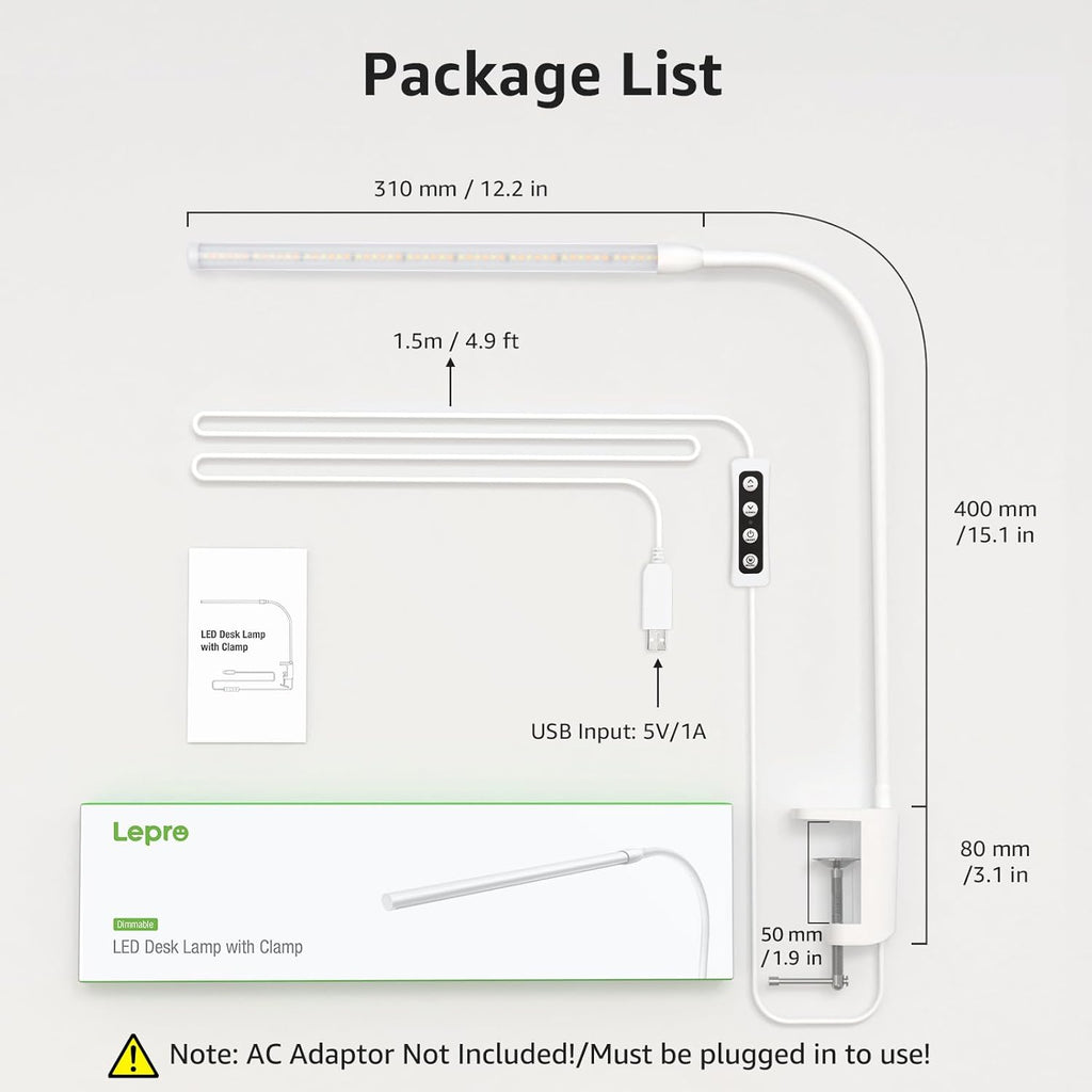 Lepro Small Desk Lamp with Clamp, LED Reading Lamp with 3 Color Modes 10 Brightness, Dimmable USB Clip on desk light with Gooseneck Swing Arm for Bed Headboard, Workbench, Home Office and Nail (White) - Grand Goldman