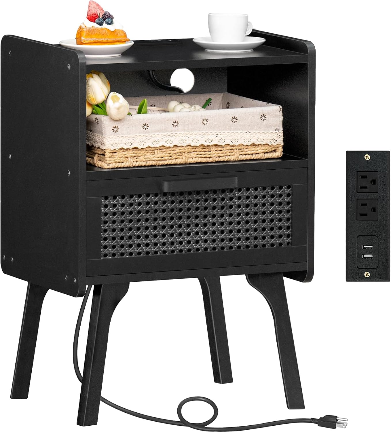 Lerliuo Rattan Nightstands Set of 2 with Charging Station, Boho Side Table with Drawer Open Shelf, Cane Accent Bedside End Table with Solid Wood Legs for Bedroom, Dorm and Small Spaces (Natural) - Grand Goldman