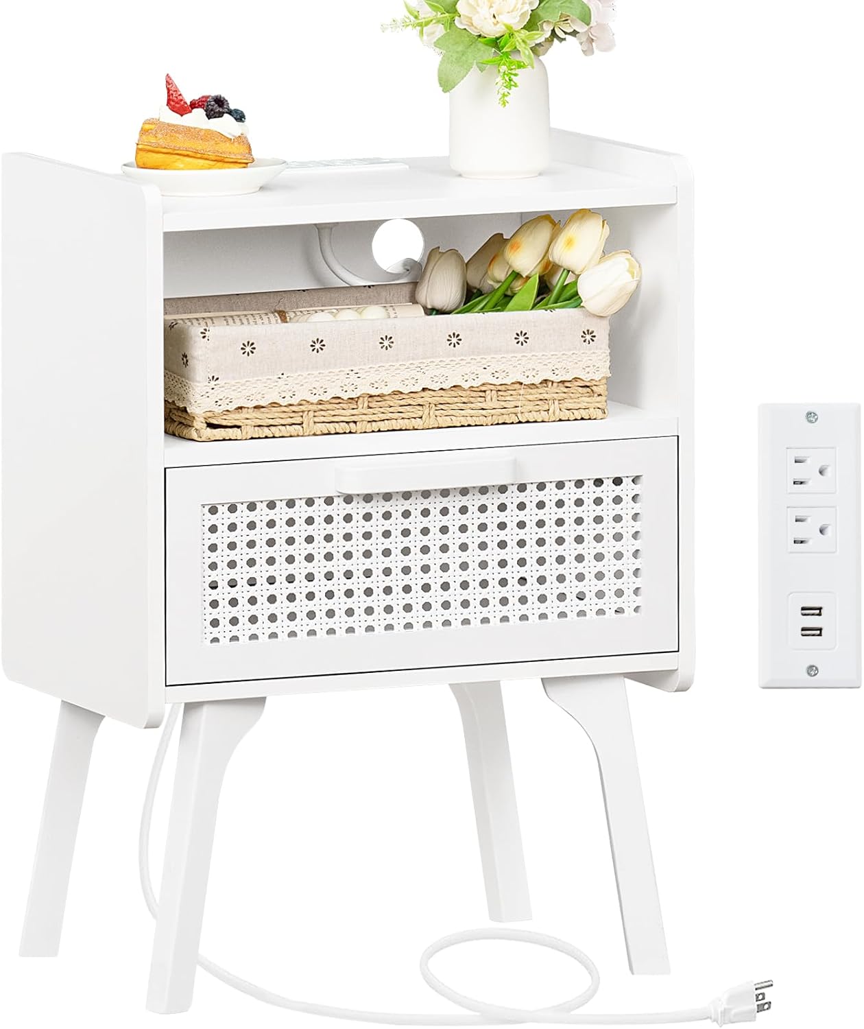 Lerliuo Rattan Nightstands Set of 2 with Charging Station, Boho Side Table with Drawer Open Shelf, Cane Accent Bedside End Table with Solid Wood Legs for Bedroom, Dorm and Small Spaces (Natural) - Grand Goldman