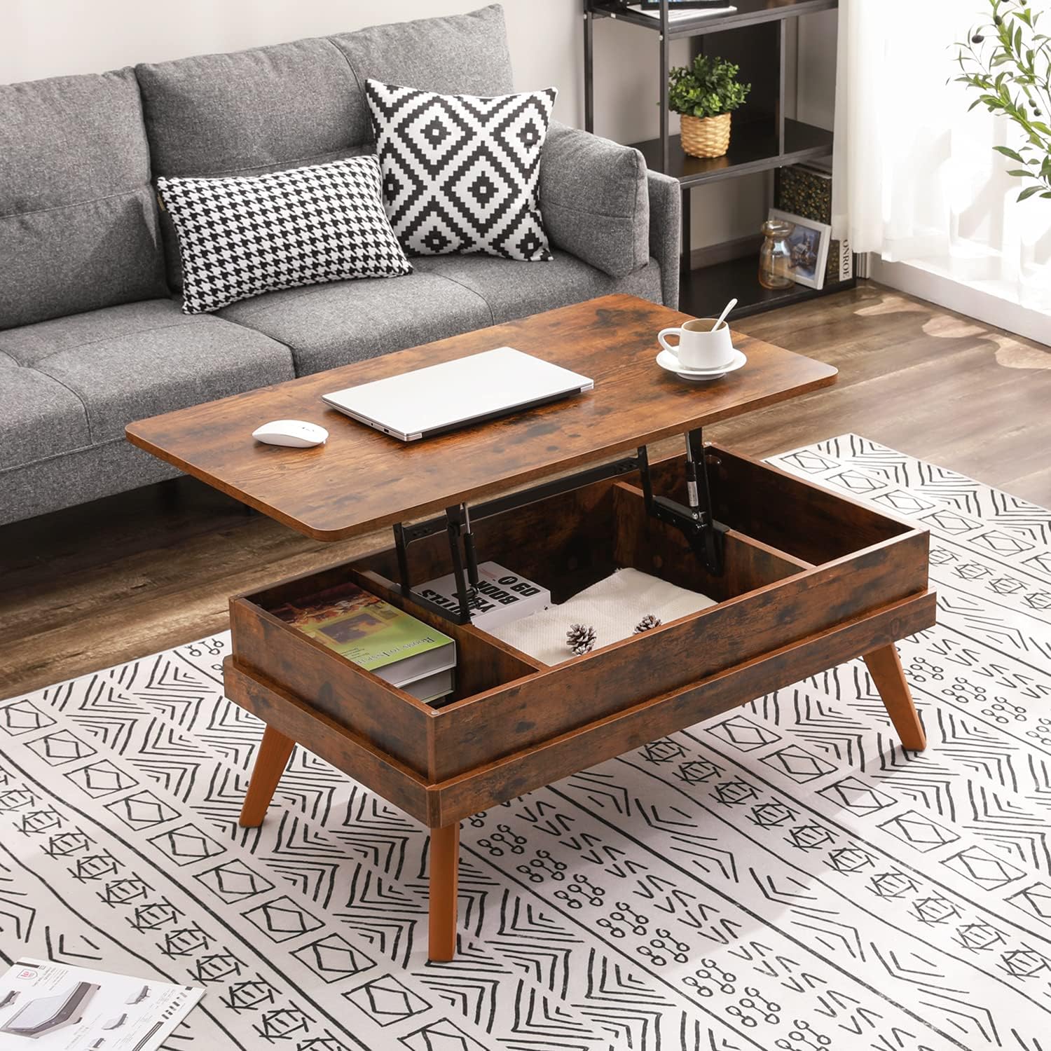 Lift Top Coffee Table, Easy-to-Assembly Center Table with Hidden Storage Compartment, Modern Dining Table for Living Room Reception/Home Office, Walnut - Grand Goldman
