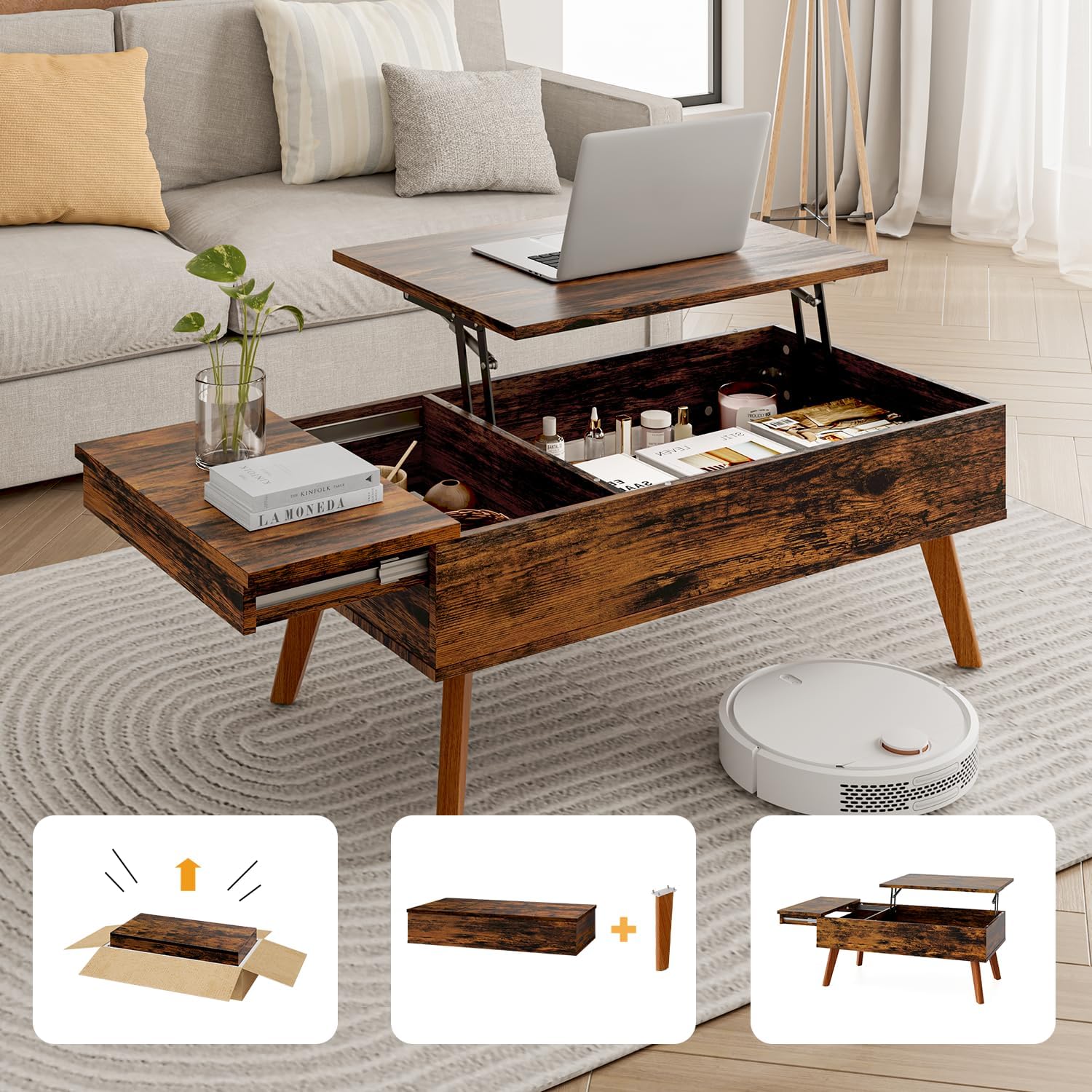 Lift Top Coffee Table, Easy-to-Assembly Center Table with Hidden Storage Compartment, Modern Dining Table for Living Room Reception/Home Office, Walnut - Grand Goldman