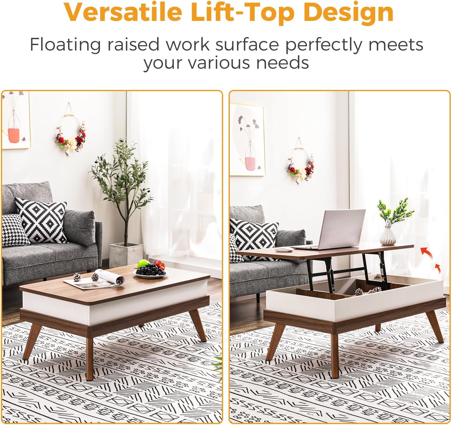 Lift Top Coffee Table, Easy-to-Assembly Center Table with Hidden Storage Compartment, Modern Dining Table for Living Room Reception/Home Office, Walnut - Grand Goldman