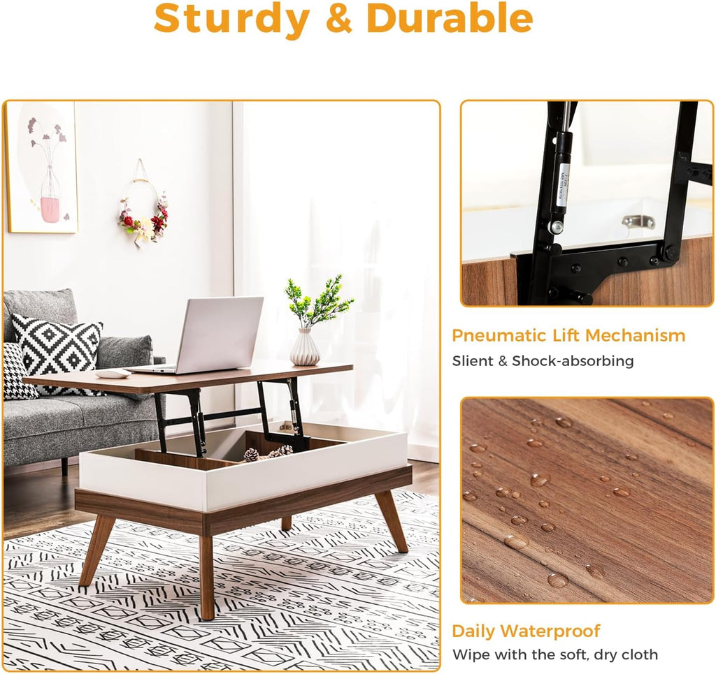Lift Top Coffee Table, Easy-to-Assembly Center Table with Hidden Storage Compartment, Modern Dining Table for Living Room Reception/Home Office, Walnut - Grand Goldman