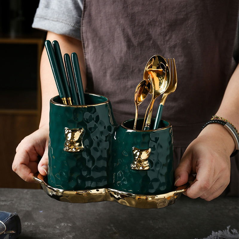 Light Luxury Chopstick Holder Knife Fork Spoon Holder Creative Ceramic Rack Chopstick Storage Drain Pipe Household - Grand Goldman