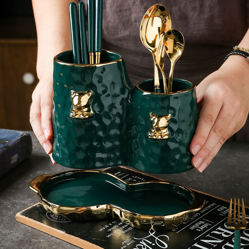 Light Luxury Chopstick Holder Knife Fork Spoon Holder Creative Ceramic Rack Chopstick Storage Drain Pipe Household - Grand Goldman