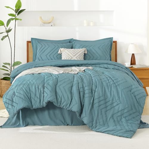 Litanika King Size Comforter Set with Sheets Dark Emerald Green - 7 Pieces Bed in a Bag King Chevron Tufted Complete Beddding Sets with Comforter, Sheets, Pillowcases & Shams - Grand Goldman