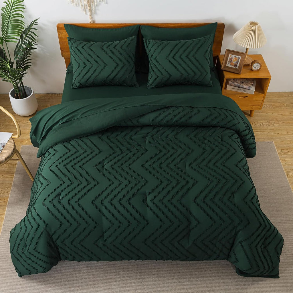 Litanika King Size Comforter Set with Sheets Dark Emerald Green - 7 Pieces Bed in a Bag King Chevron Tufted Complete Beddding Sets with Comforter, Sheets, Pillowcases & Shams - Grand Goldman