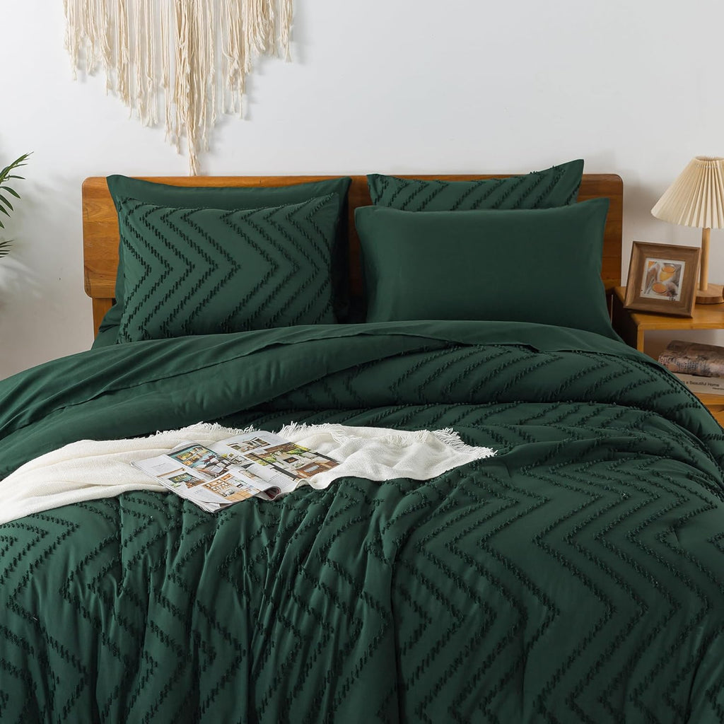 Litanika King Size Comforter Set with Sheets Dark Emerald Green - 7 Pieces Bed in a Bag King Chevron Tufted Complete Beddding Sets with Comforter, Sheets, Pillowcases & Shams - Grand Goldman