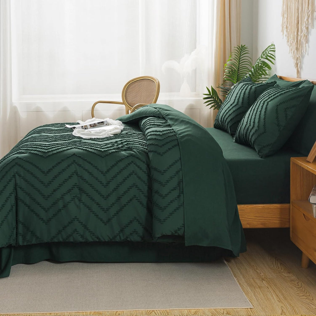 Litanika King Size Comforter Set with Sheets Dark Emerald Green - 7 Pieces Bed in a Bag King Chevron Tufted Complete Beddding Sets with Comforter, Sheets, Pillowcases & Shams - Grand Goldman