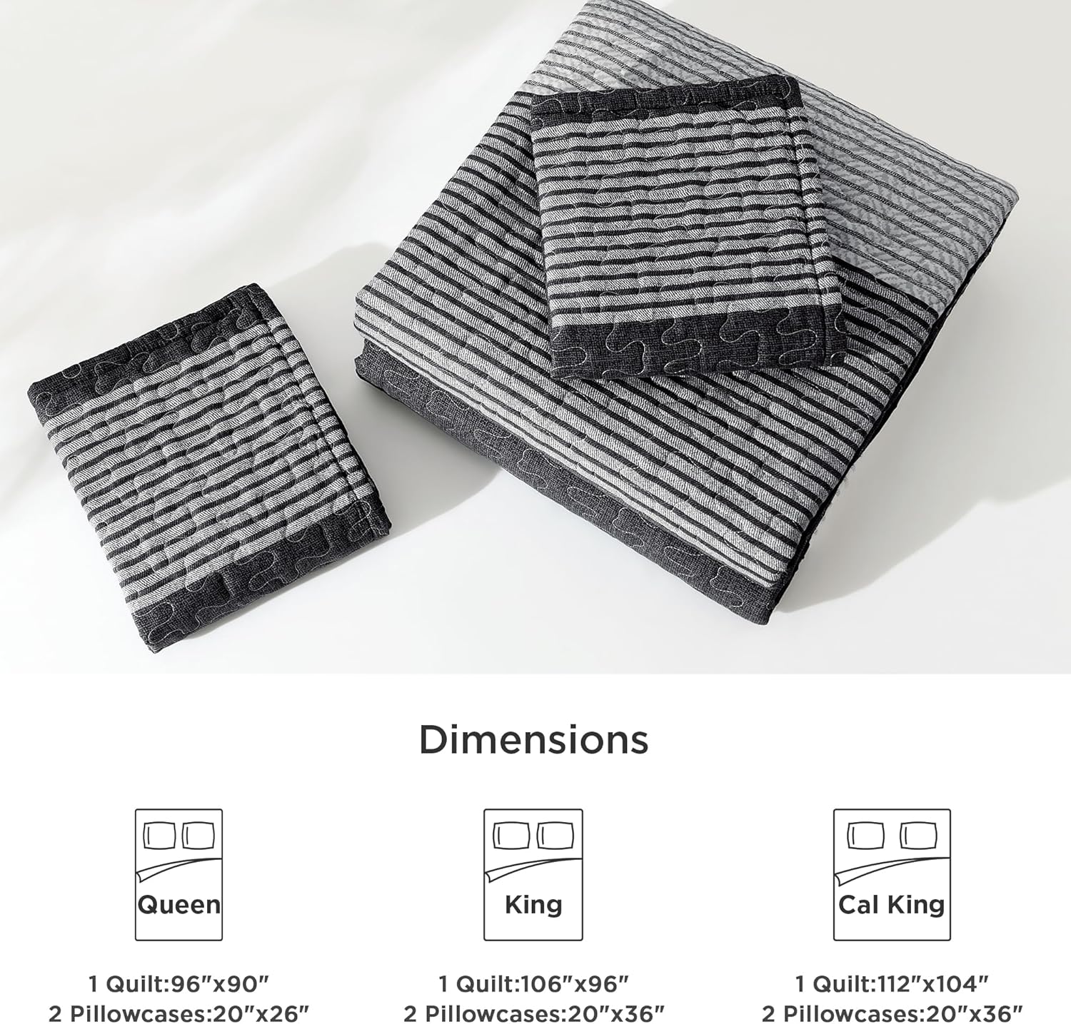 Litanika Quilt Queen Size Black, Grey and White, Gray Stripe Patchwork Summer Bedspread Coverlet 3 Pieces, Soft Lightweight Microfiber Comforter Bedding Set for All Season(1 Quilt, 2 Pillowcases) - Grand Goldman