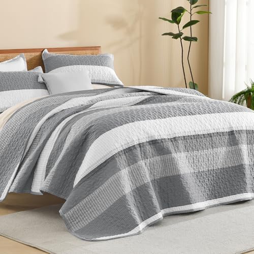 Litanika Quilt Queen Size Black, Grey and White, Gray Stripe Patchwork Summer Bedspread Coverlet 3 Pieces, Soft Lightweight Microfiber Comforter Bedding Set for All Season(1 Quilt, 2 Pillowcases) - Grand Goldman