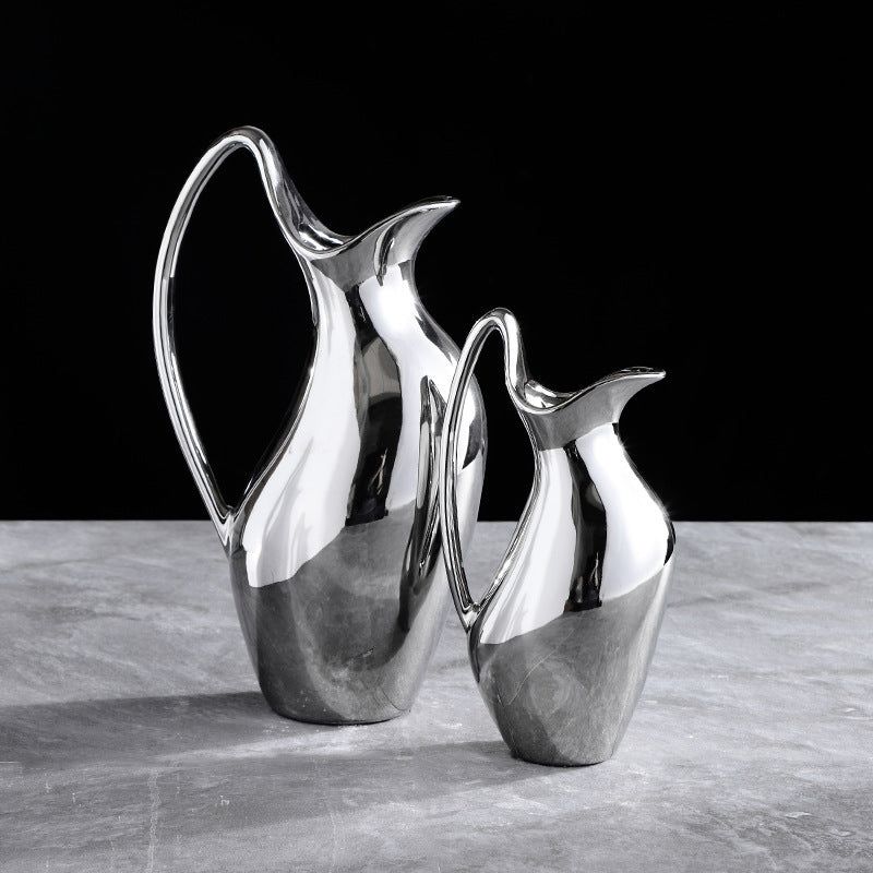 Living Room Home Silver Pot-shaped Chrome Ceramic Vase Flower Model Room Ornament Soft Decoration - Grand Goldman