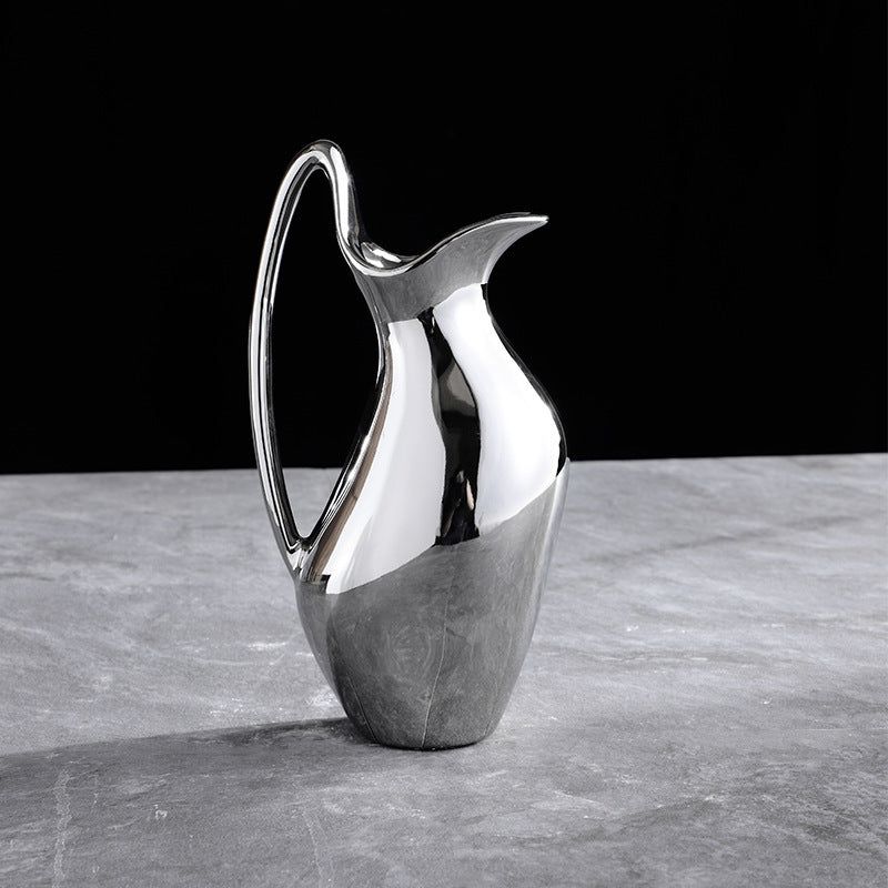 Living Room Home Silver Pot-shaped Chrome Ceramic Vase Flower Model Room Ornament Soft Decoration - Grand Goldman