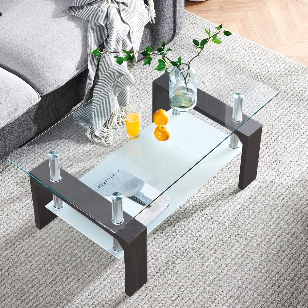 Living Room Rectangle Coffee Table, Tea Table Suitable for Waiting Room, Modern Side Coffee Table with Wooden Leg, Glass Tabletop with Lower Shelf, White 39.5 * 23.5 * 17.5 - Grand Goldman