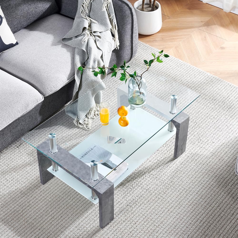 Living Room Rectangle Coffee Table, Tea Table Suitable for Waiting Room, Modern Side Coffee Table with Wooden Leg, Glass Tabletop with Lower Shelf, White 39.5 * 23.5 * 17.5 - Grand Goldman