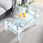 Living Room Rectangle Coffee Table, Tea Table Suitable for Waiting Room, Modern Side Coffee Table with Wooden Leg, Glass Tabletop with Lower Shelf, White 39.5 * 23.5 * 17.5 - Grand Goldman