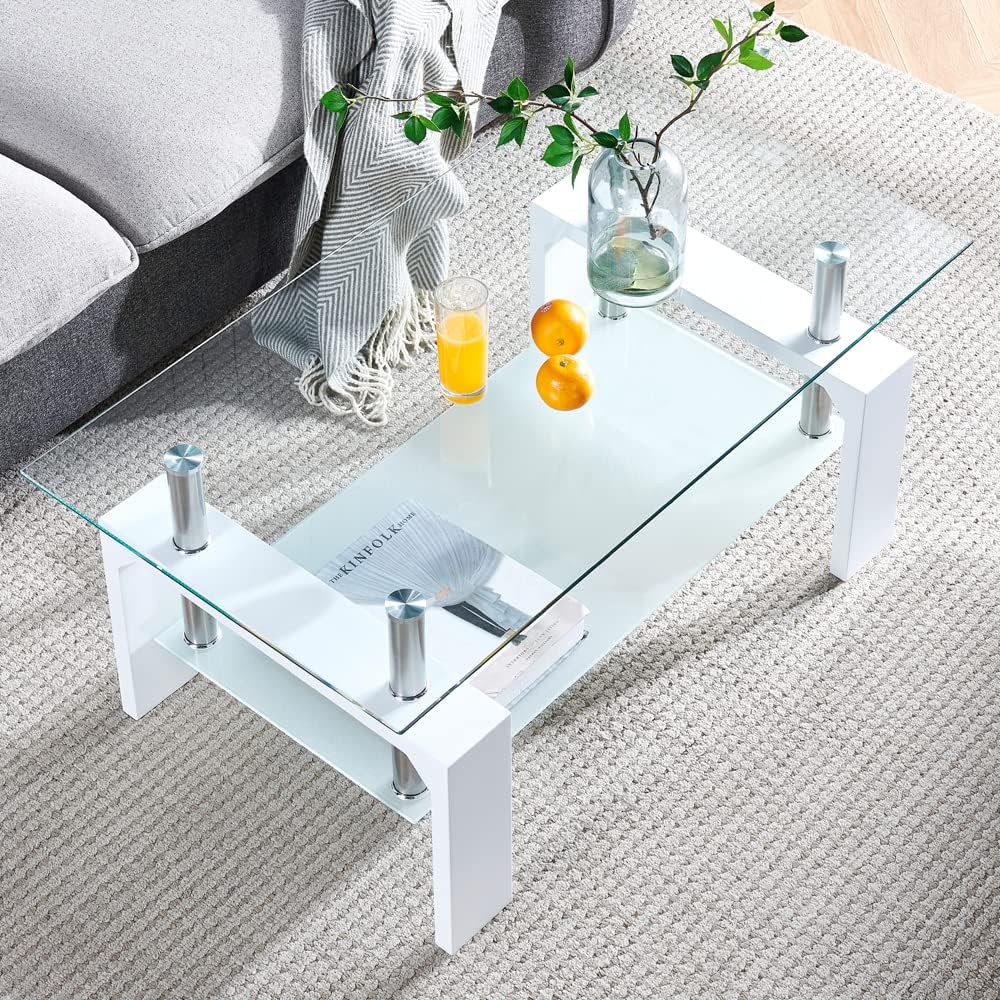 Living Room Rectangle Coffee Table, Tea Table Suitable for Waiting Room, Modern Side Coffee Table with Wooden Leg, Glass Tabletop with Lower Shelf, White 39.5 * 23.5 * 17.5 - Grand Goldman