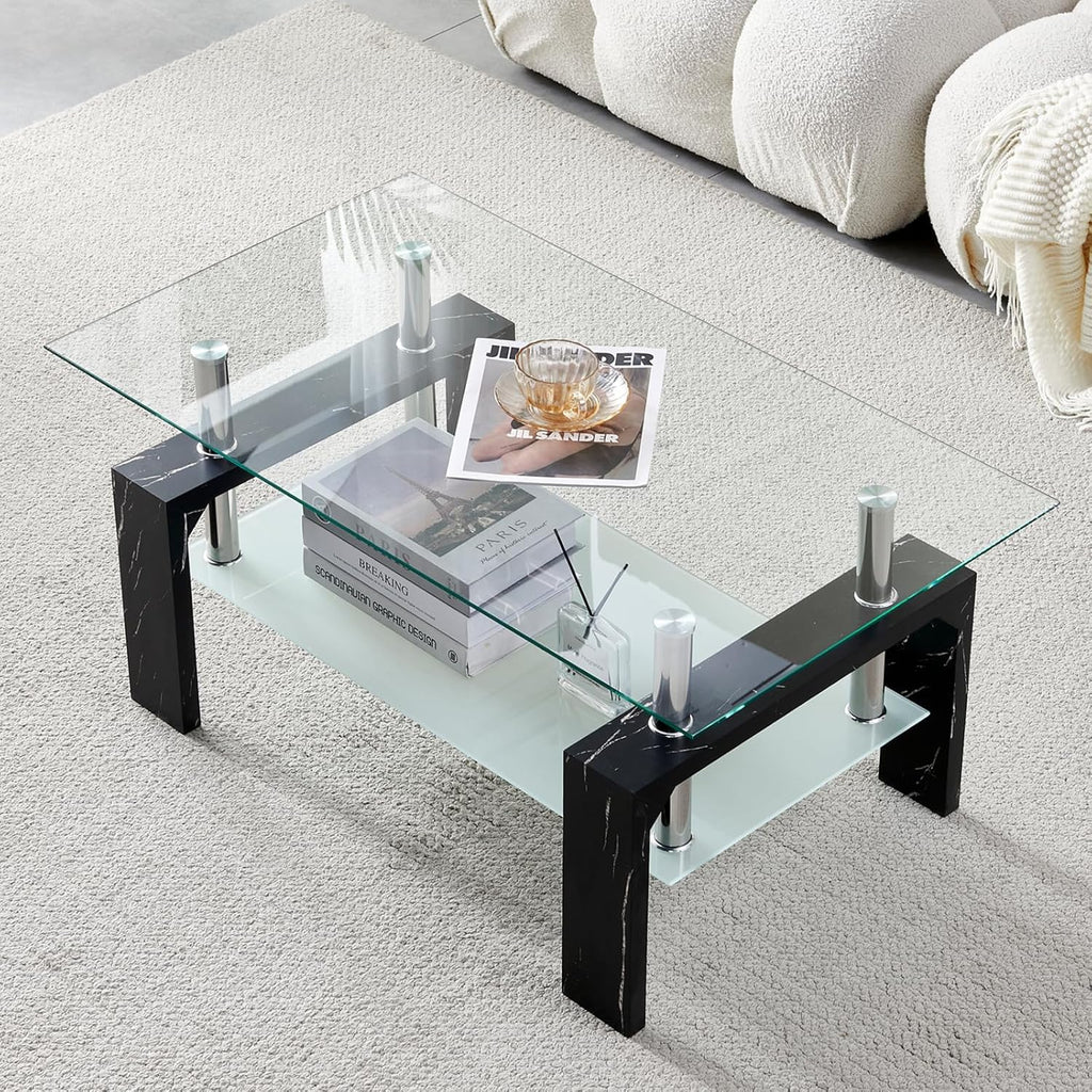 Living Room Rectangle Coffee Table, Tea Table Suitable for Waiting Room, Modern Side Coffee Table with Wooden Leg, Glass Tabletop with Lower Shelf, White 39.5 * 23.5 * 17.5 - Grand Goldman