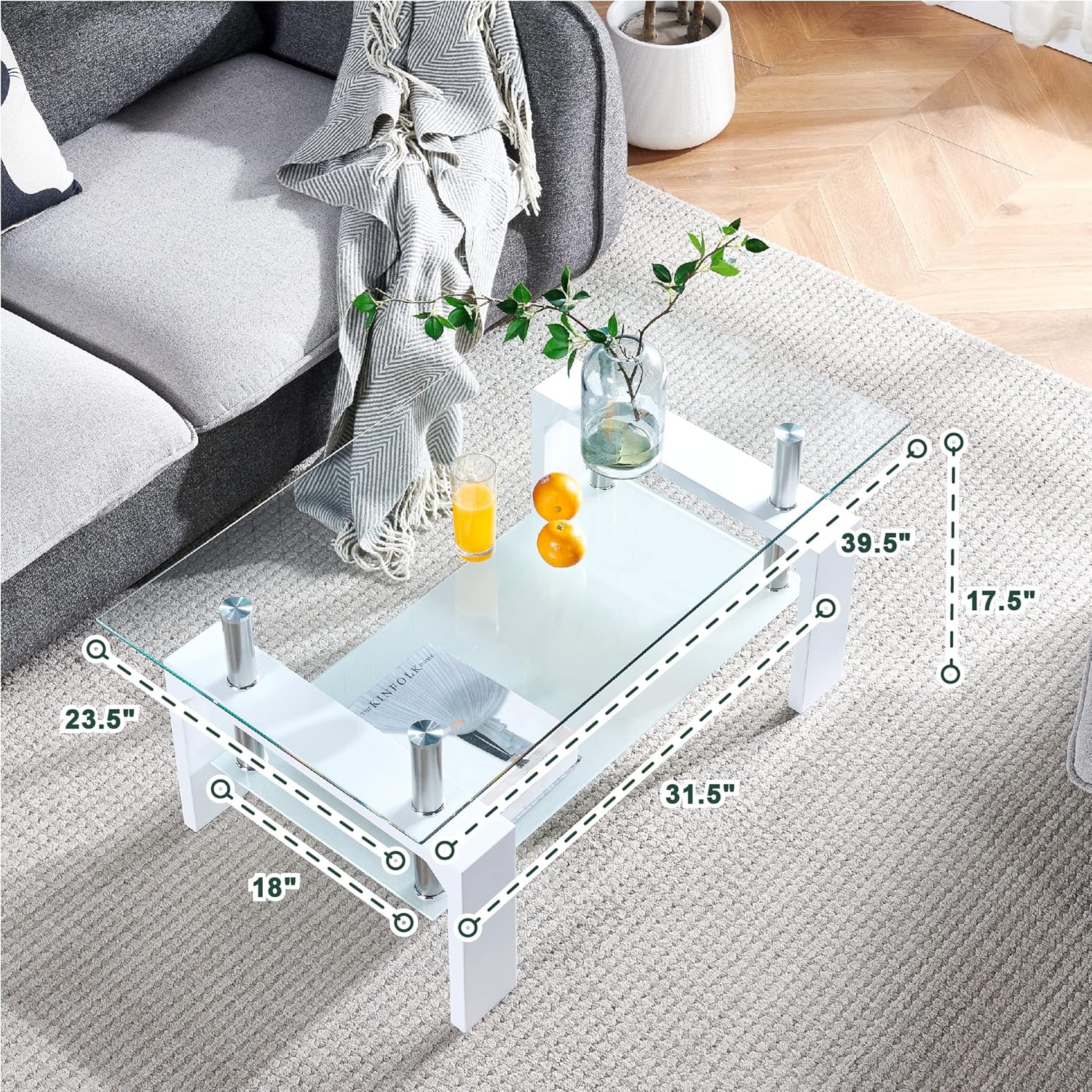 Living Room Rectangle Coffee Table, Tea Table Suitable for Waiting Room, Modern Side Coffee Table with Wooden Leg, Glass Tabletop with Lower Shelf, White 39.5 * 23.5 * 17.5 - Grand Goldman