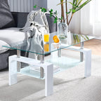 Living Room Rectangle Coffee Table, Tea Table Suitable for Waiting Room, Modern Side Coffee Table with Wooden Leg, Glass Tabletop with Lower Shelf, White 39.5 * 23.5 * 17.5 - Grand Goldman