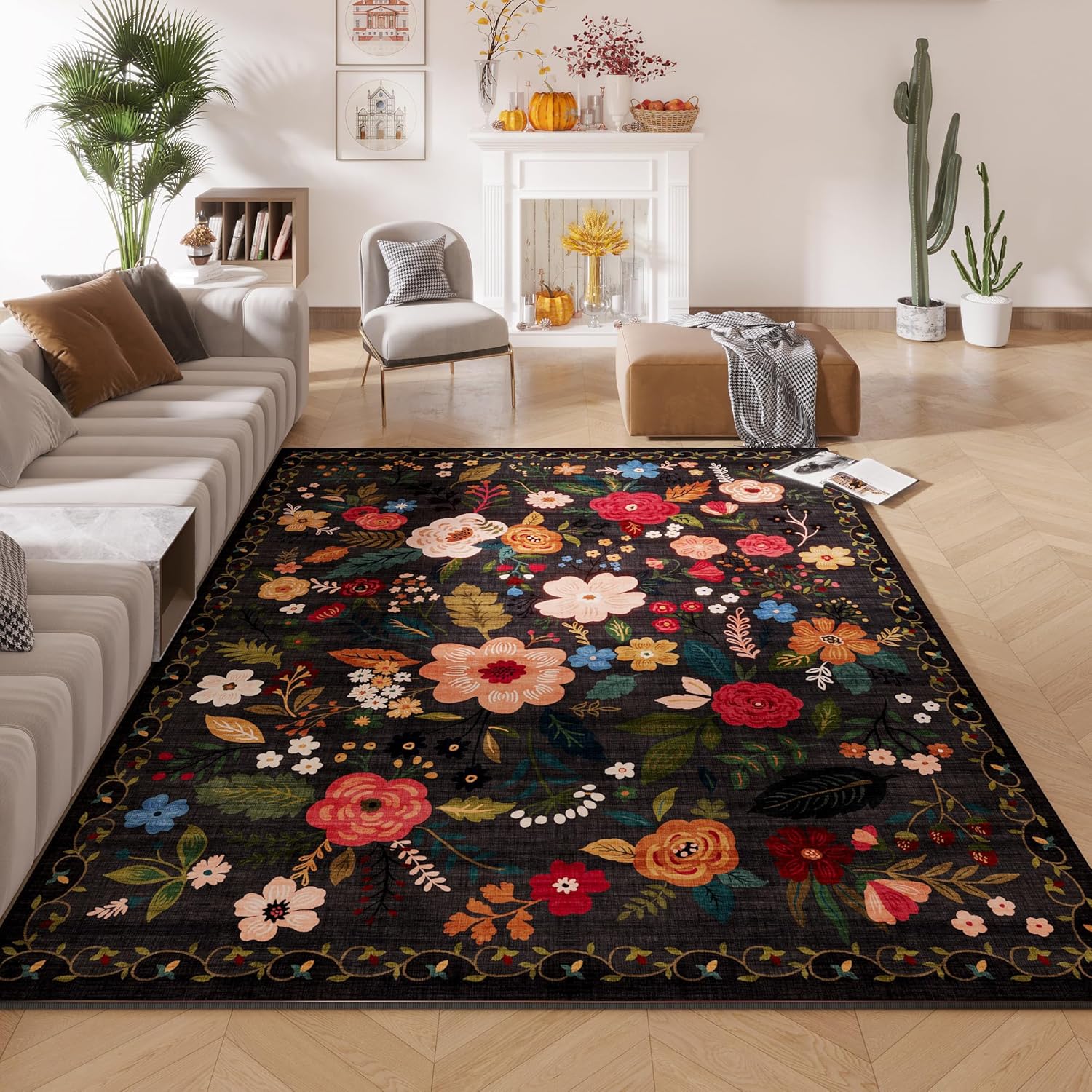Living Room Rug 5x7 Rug Machine Washable Boho Area Rug Non Slip Floral Vintage Low Pile Large Rugs for Living Room, Bedroom, Farmhouse, Dining Room, Kids Playroom(Black) - Grand Goldman