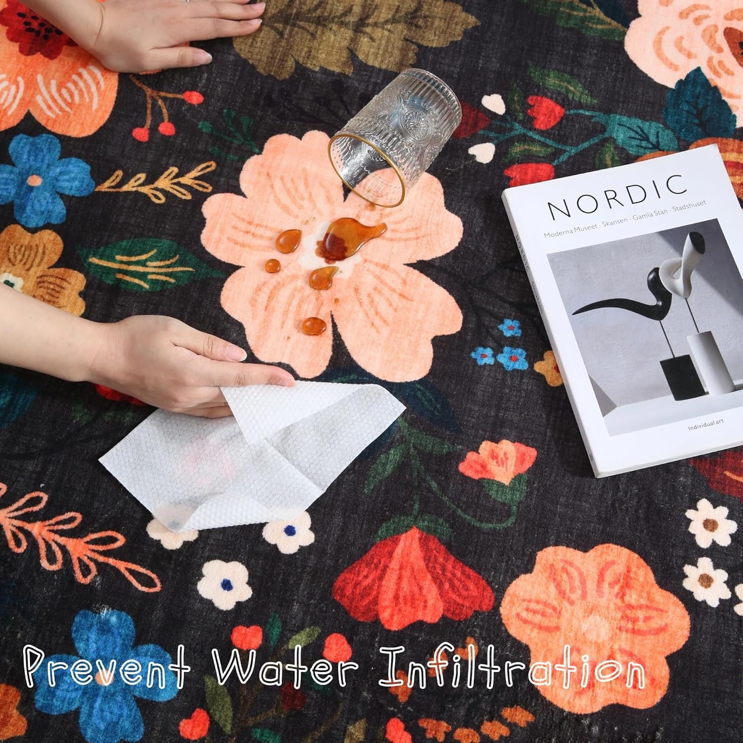 Living Room Rug 5x7 Rug Machine Washable Boho Area Rug Non Slip Floral Vintage Low Pile Large Rugs for Living Room, Bedroom, Farmhouse, Dining Room, Kids Playroom(Black) - Grand Goldman