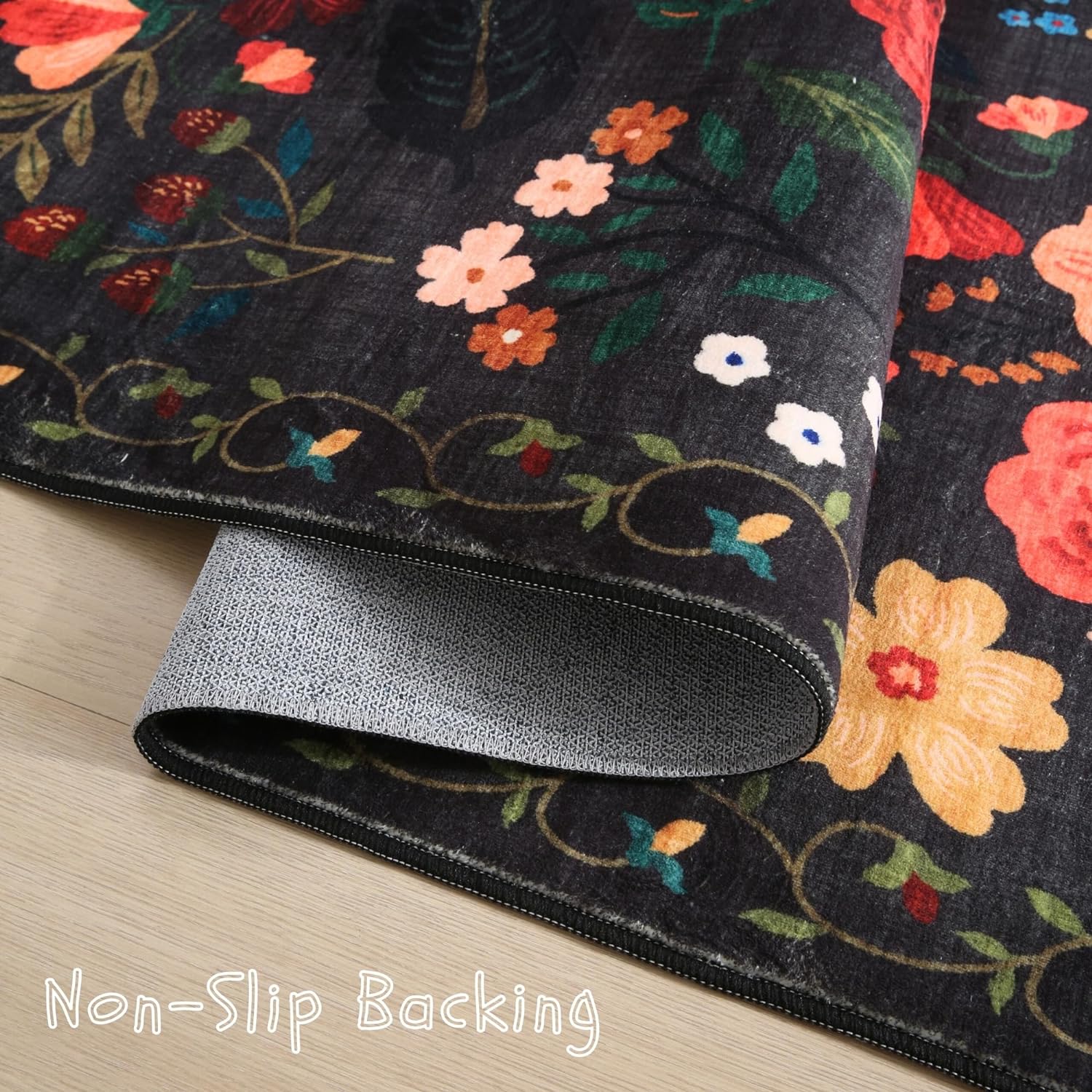 Living Room Rug 5x7 Rug Machine Washable Boho Area Rug Non Slip Floral Vintage Low Pile Large Rugs for Living Room, Bedroom, Farmhouse, Dining Room, Kids Playroom(Black) - Grand Goldman