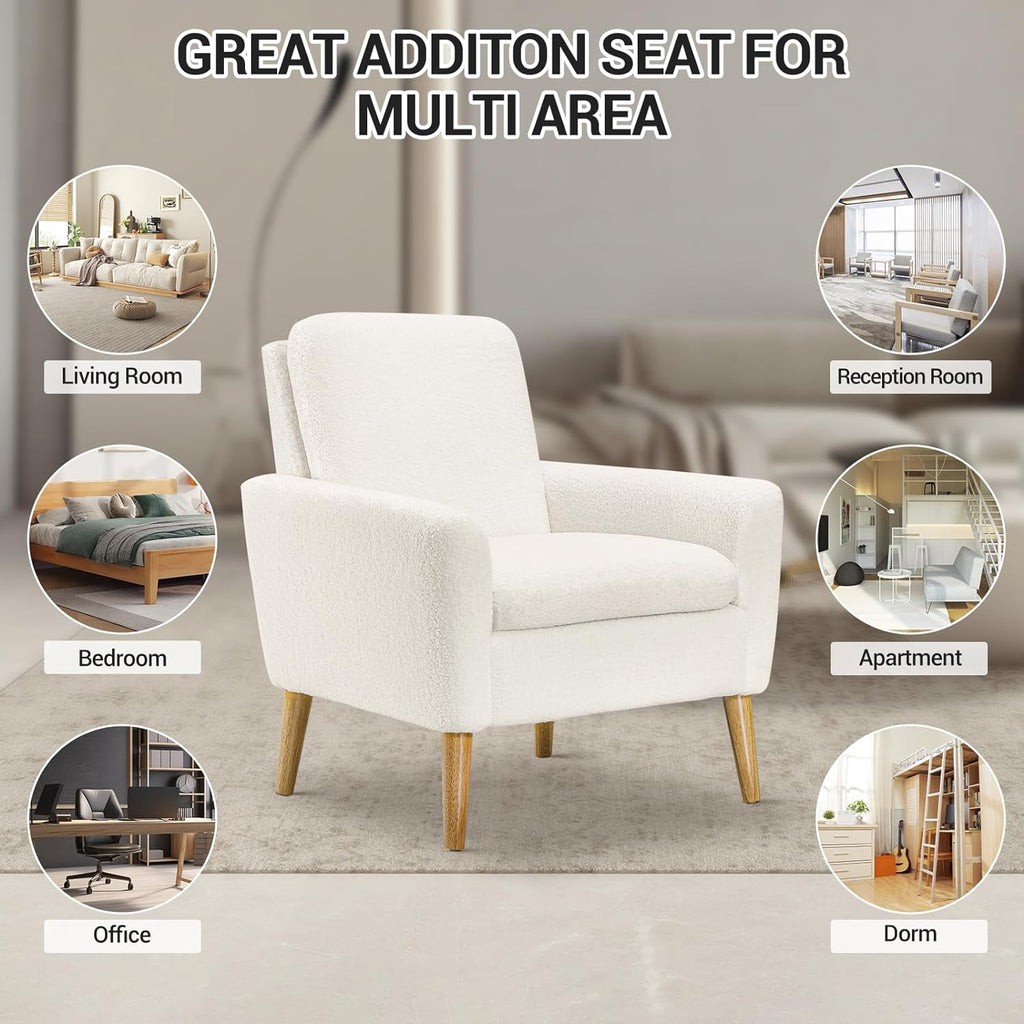Lohoms Sherpa Accent Chair White Teddy Fabric Upholstered Comfortable Arm Chair Comfy Reading Chairs for Bedroom, Living Room Chair Small Sofa Chair with Wood Legs - Grand Goldman