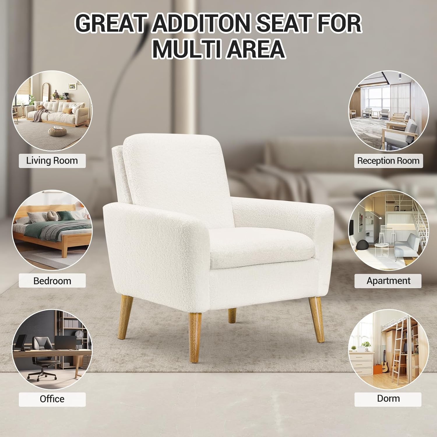 Lohoms Sherpa Accent Chair White Teddy Fabric Upholstered Comfortable Arm Chair Comfy Reading Chairs for Bedroom, Living Room Chair Small Sofa Chair with Wood Legs - Grand Goldman