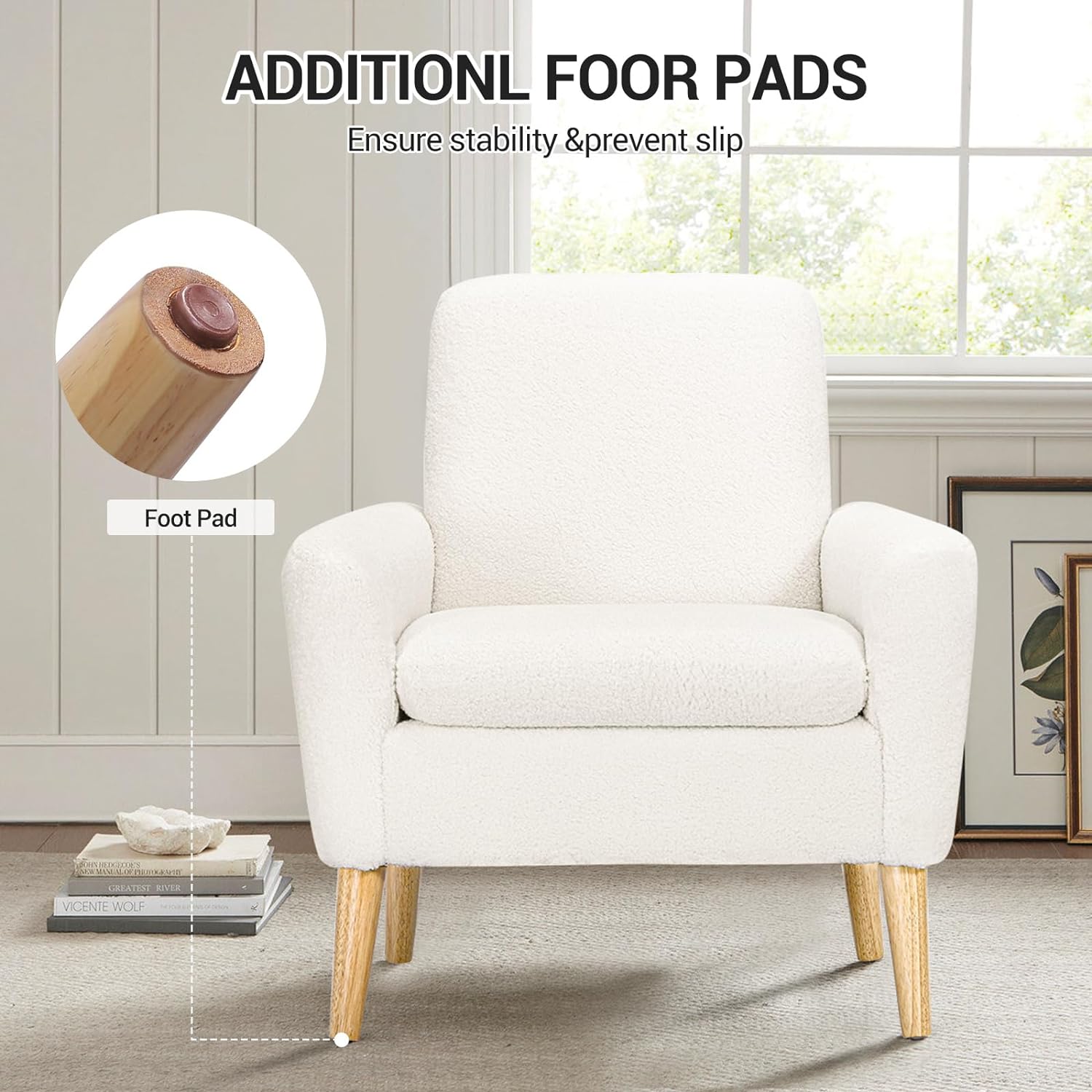 Lohoms Sherpa Accent Chair White Teddy Fabric Upholstered Comfortable Arm Chair Comfy Reading Chairs for Bedroom, Living Room Chair Small Sofa Chair with Wood Legs - Grand Goldman