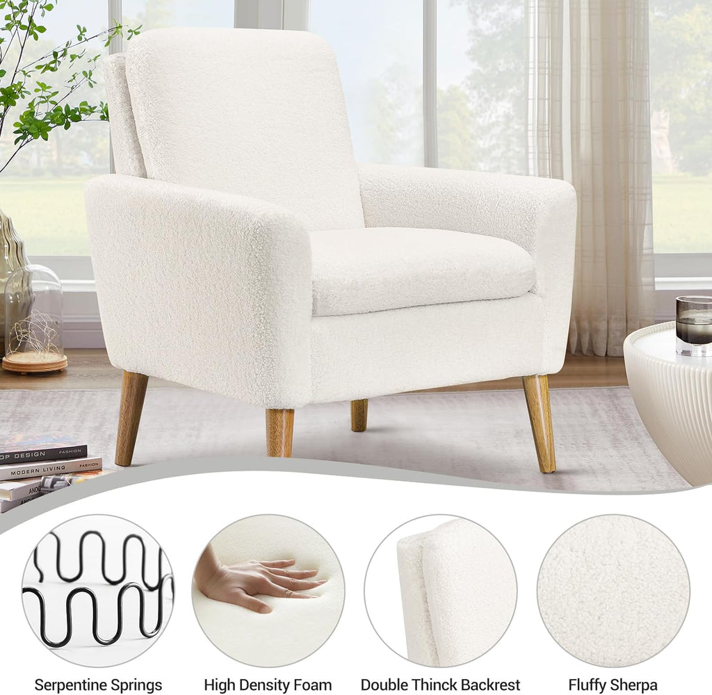 Lohoms Sherpa Accent Chair White Teddy Fabric Upholstered Comfortable Arm Chair Comfy Reading Chairs for Bedroom, Living Room Chair Small Sofa Chair with Wood Legs - Grand Goldman