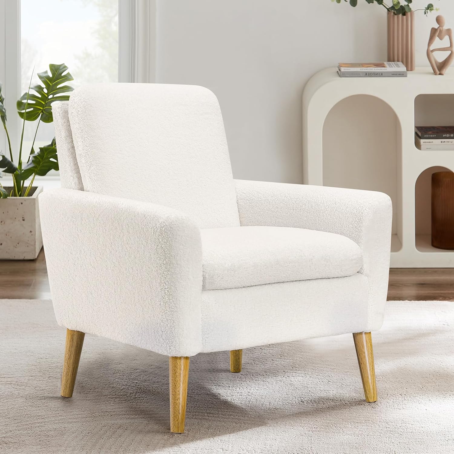 Lohoms Sherpa Accent Chair White Teddy Fabric Upholstered Comfortable Arm Chair Comfy Reading Chairs for Bedroom, Living Room Chair Small Sofa Chair with Wood Legs - Grand Goldman