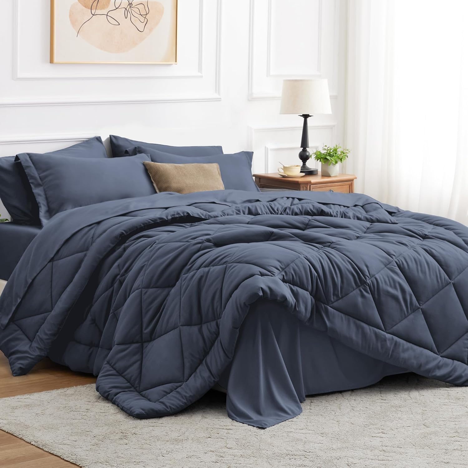 Love's cabin Queen Comforter Set Black, 7 Pieces Queen Bed in a Bag, All Season Queen Bedding Sets with 1 Comforter, 1 Flat Sheet, 1 Fitted Sheet, 2 Pillowcase and 2 Pillow Sham - Grand Goldman