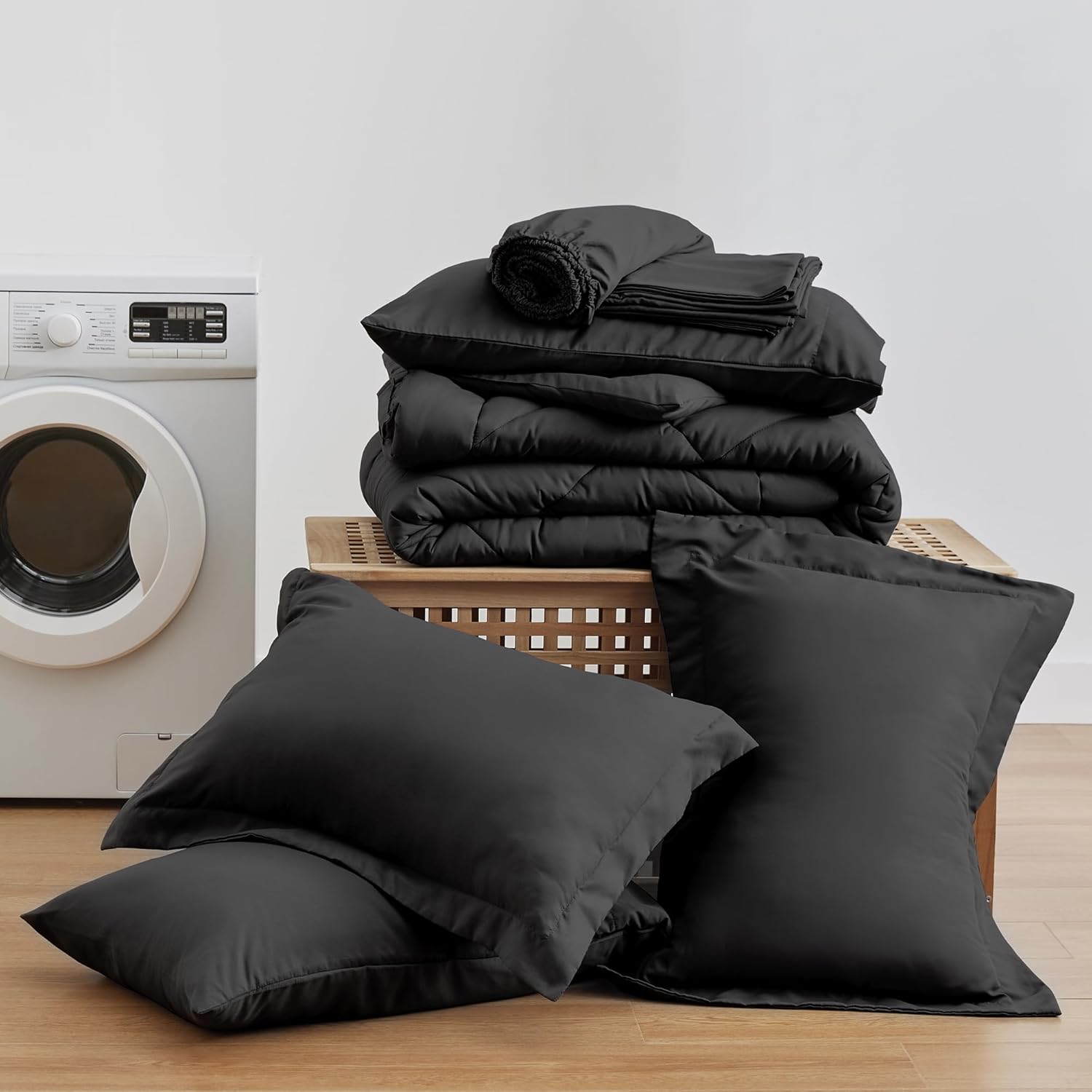 Love's cabin Queen Comforter Set Black, 7 Pieces Queen Bed in a Bag, All Season Queen Bedding Sets with 1 Comforter, 1 Flat Sheet, 1 Fitted Sheet, 2 Pillowcase and 2 Pillow Sham - Grand Goldman