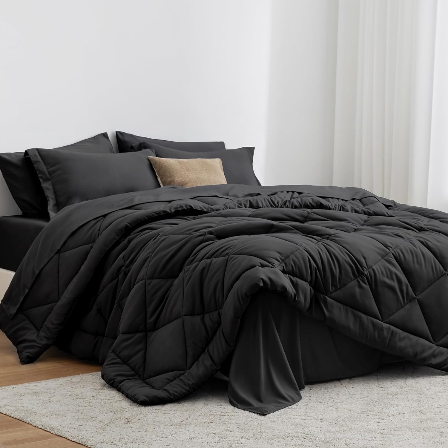 Love's cabin Queen Comforter Set Black, 7 Pieces Queen Bed in a Bag, All Season Queen Bedding Sets with 1 Comforter, 1 Flat Sheet, 1 Fitted Sheet, 2 Pillowcase and 2 Pillow Sham - Grand Goldman