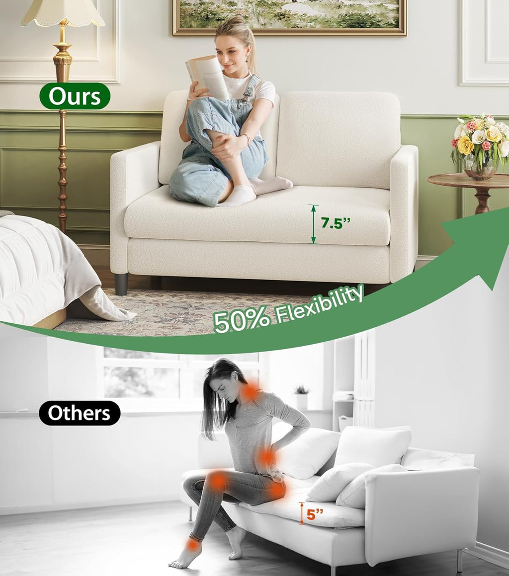 Loveseat Sofa, 51" Small Sofa Couch for Bedroom, Comfy Teddy Love Seat, Tool-Free Setup Sofas for Living Room, All-Wood Small Couches for Small Spaces, Small Couch No Pillow Include, Beige - Grand Goldman