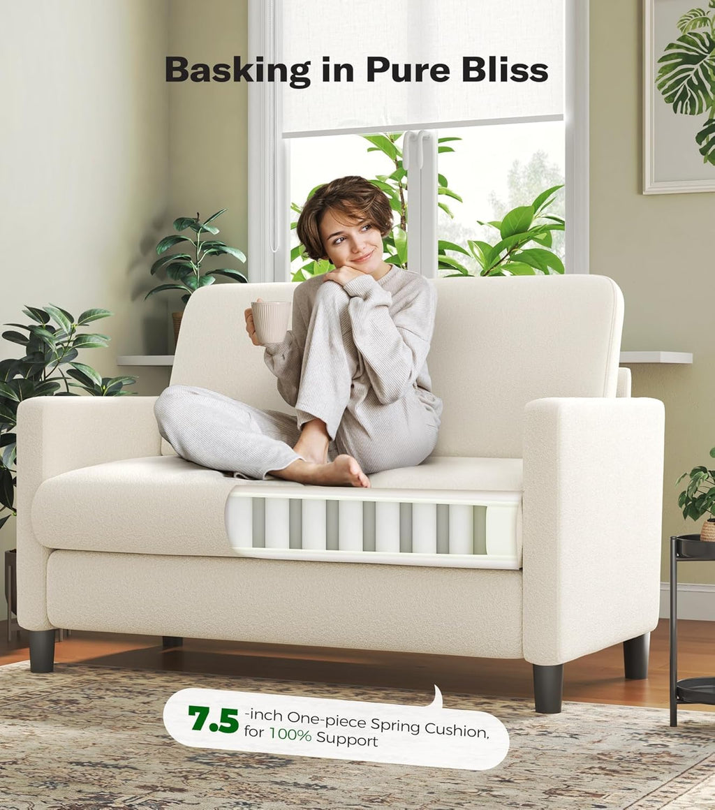 Loveseat Sofa, 51" Small Sofa Couch for Bedroom, Comfy Teddy Love Seat, Tool-Free Setup Sofas for Living Room, All-Wood Small Couches for Small Spaces, Small Couch No Pillow Include, Beige - Grand Goldman