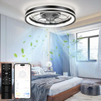 Low Profile Ceiling Fan with Light and Remote Bladeless Bedroom Ceiling Fan with Light, 20in Small Flush Mount Ceiling Fan Dimmable Modern Enclosed Ceiling Fans for Small Room - Black - Grand Goldman