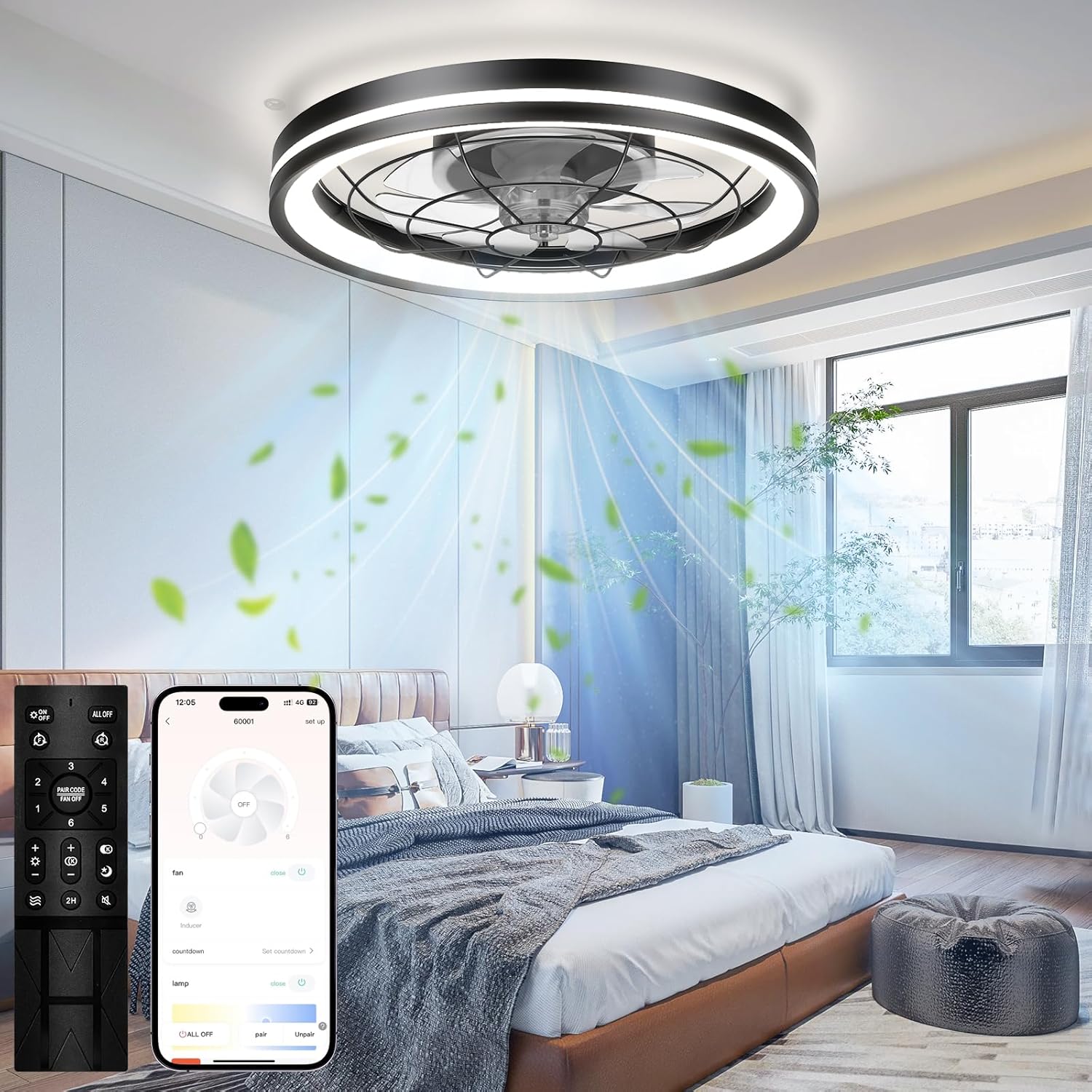 Low Profile Ceiling Fan with Light and Remote Bladeless Bedroom Ceiling Fan with Light, 20in Small Flush Mount Ceiling Fan Dimmable Modern Enclosed Ceiling Fans for Small Room - Black - Grand Goldman