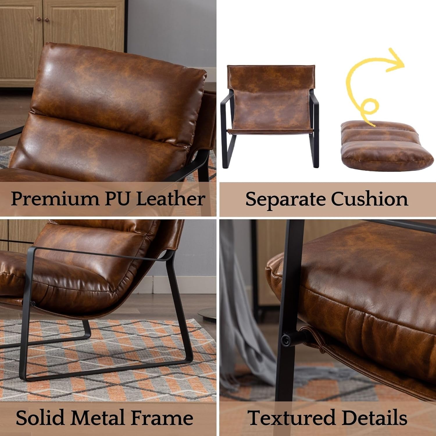 LukeAlon Modern PU Leather Accent Armchair, Upholstered Soft Living Room Chair with Black Metal Frame Thickened Cushion Single Sofa Chair Comfy Lounge Chair for Bedroom Living Room, Brown - Grand Goldman
