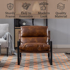 LukeAlon Modern PU Leather Accent Armchair, Upholstered Soft Living Room Chair with Black Metal Frame Thickened Cushion Single Sofa Chair Comfy Lounge Chair for Bedroom Living Room, Brown - Grand Goldman
