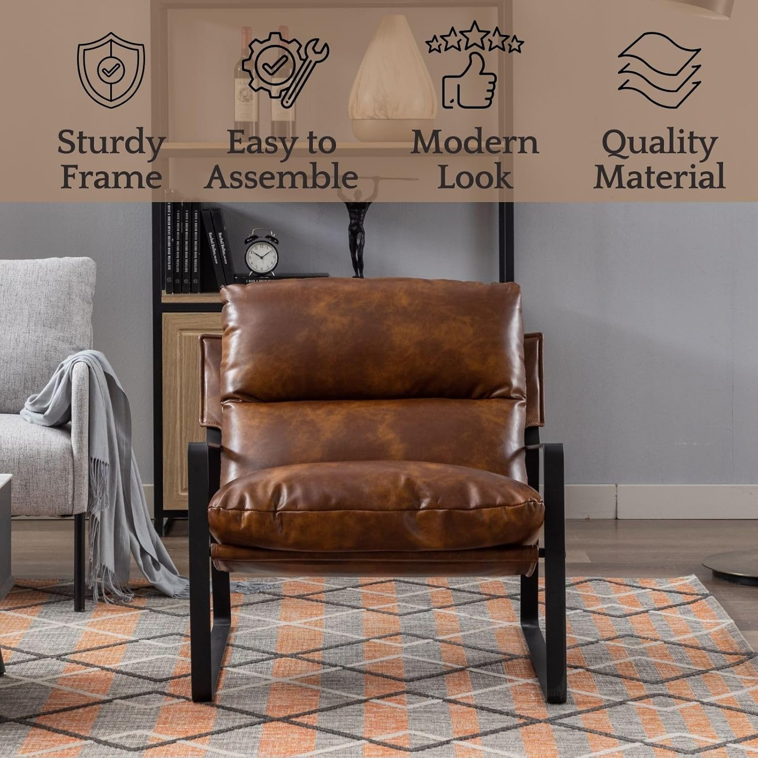 LukeAlon Modern PU Leather Accent Armchair, Upholstered Soft Living Room Chair with Black Metal Frame Thickened Cushion Single Sofa Chair Comfy Lounge Chair for Bedroom Living Room, Brown - Grand Goldman