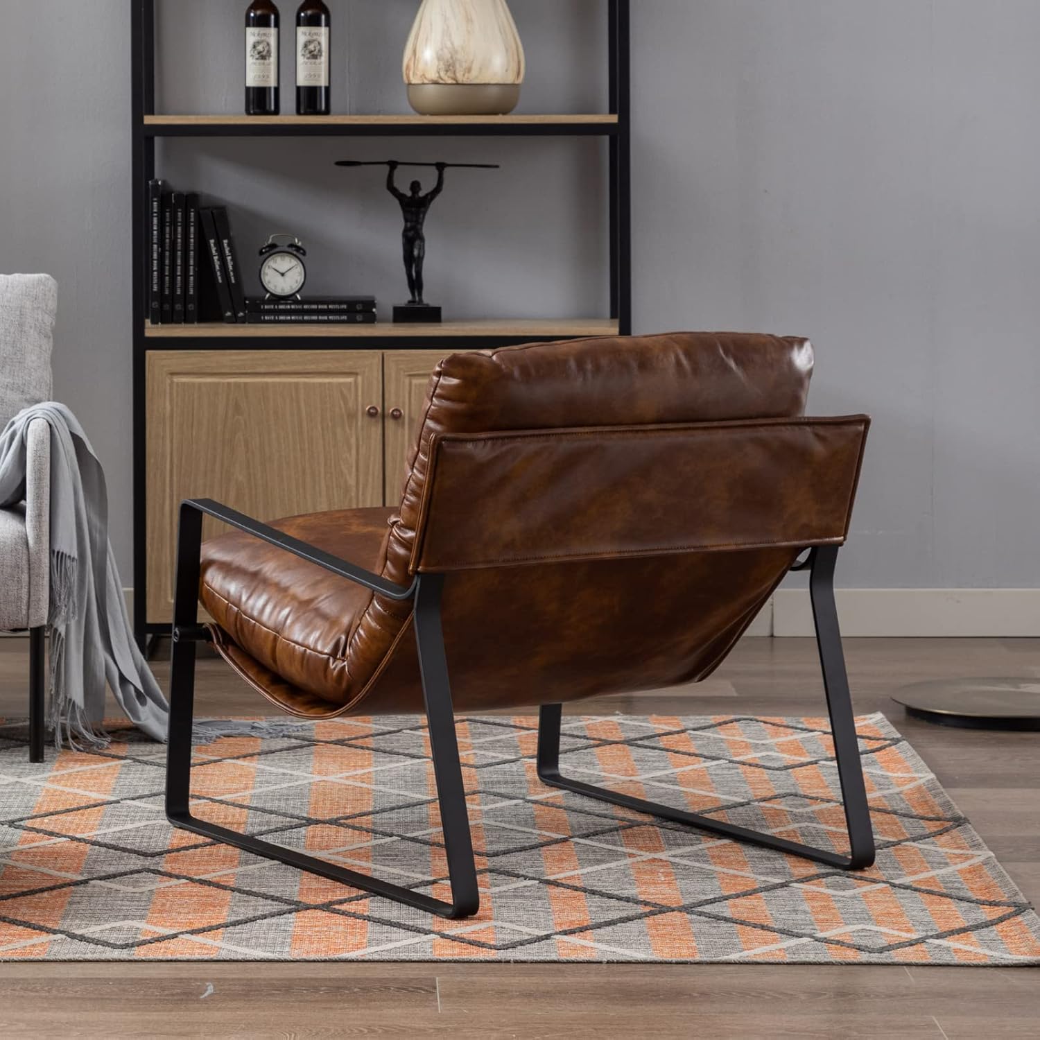 LukeAlon Modern PU Leather Accent Armchair, Upholstered Soft Living Room Chair with Black Metal Frame Thickened Cushion Single Sofa Chair Comfy Lounge Chair for Bedroom Living Room, Brown - Grand Goldman