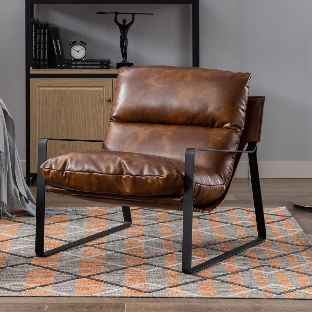 LukeAlon Modern PU Leather Accent Armchair, Upholstered Soft Living Room Chair with Black Metal Frame Thickened Cushion Single Sofa Chair Comfy Lounge Chair for Bedroom Living Room, Brown - Grand Goldman
