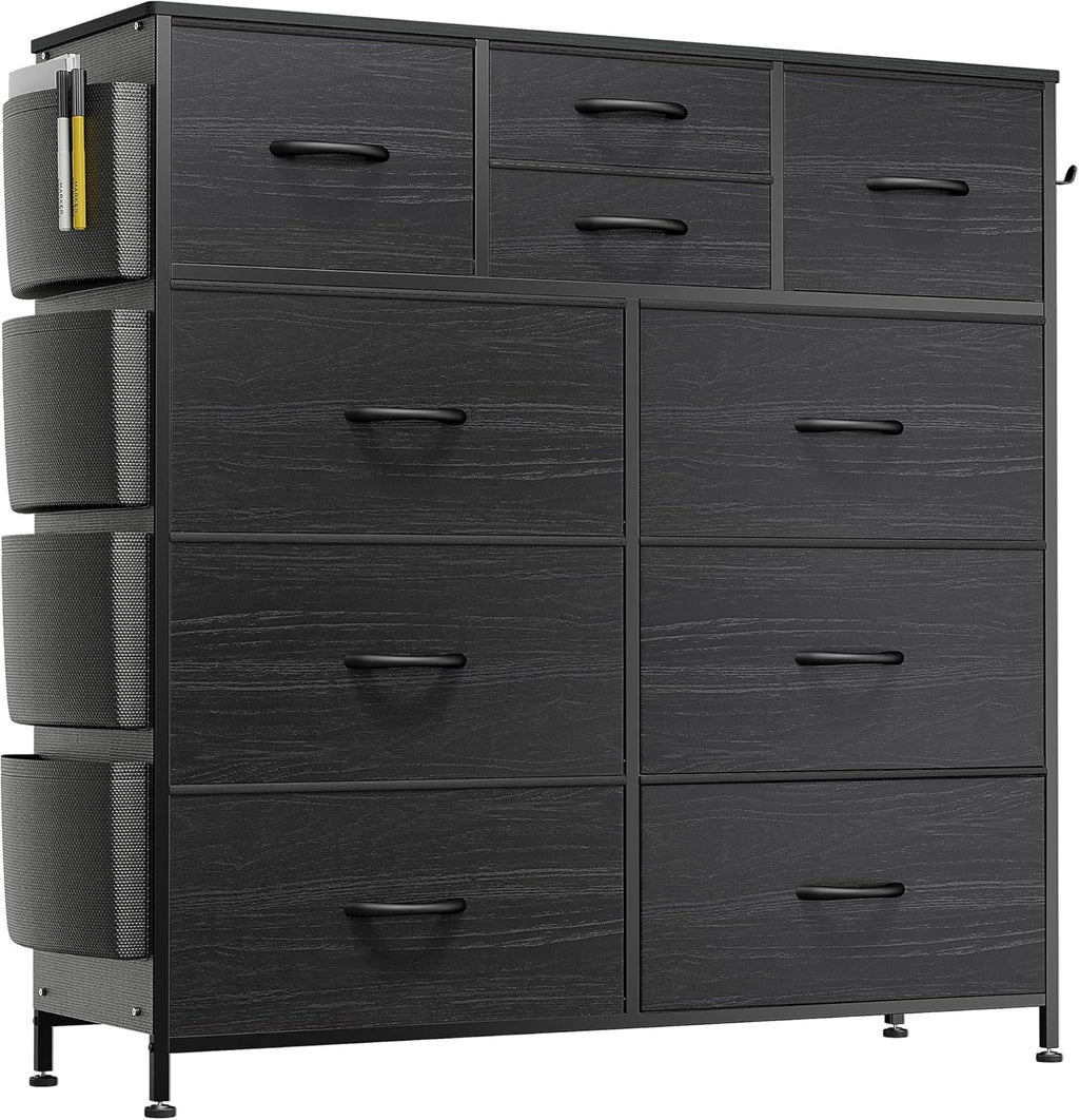 Lulive Dresser for Bedroom with 10 Drawers, Chest of Drawers with Side Pockets and Hooks, Fabric Storage Organizer Unit for Living Room, Hallway, Closet (Rustic Brown) - Grand Goldman